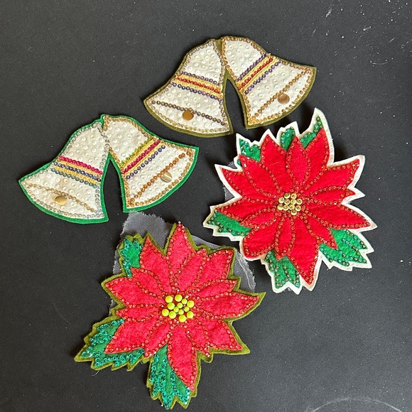 Handmade Holiday Bell and Poinsettia Embroidered Patches Holiday Table Decor - Picture 1 of 10